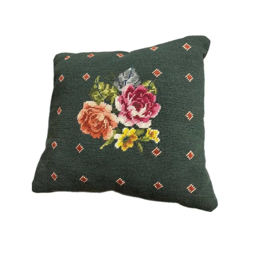 Handmade‎ English Tapestry Green Rose Floral Pillow Wool And Velvet Cottagecore